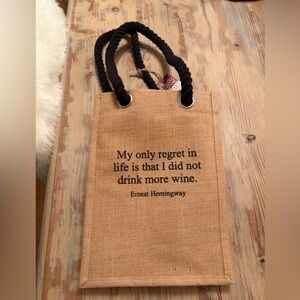NWT Reusable jute 4 bottle wine bag with Ernest Hemingway quote.
